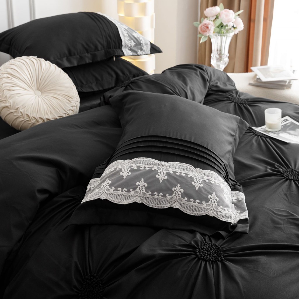 Lenjerie de pat, 2 persoane, finet, 6 piese, Elegant Deluxe Uni, cu broderie pliuri Inima, negru , 230x250cm, LF815