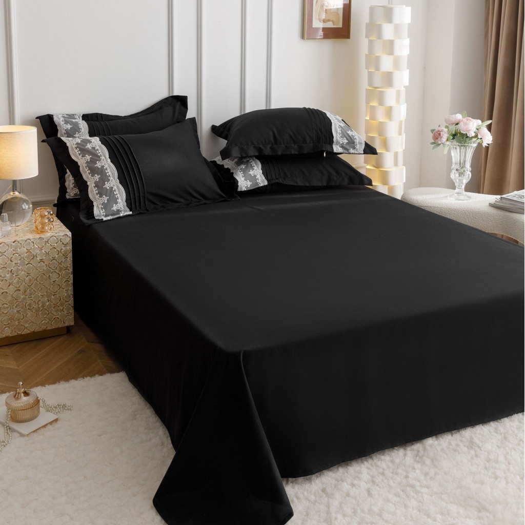 Lenjerie de pat, 2 persoane, finet, 6 piese, Elegant Deluxe Uni, cu broderie pliuri Inima, negru , 230x250cm, LF815