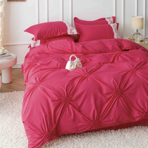 Lenjerie de pat, 2 persoane, finet, 6 piese, Elegant Deluxe Uni, cu broderie pliuri Inima, rosu aprins, 230x250cm, LF816