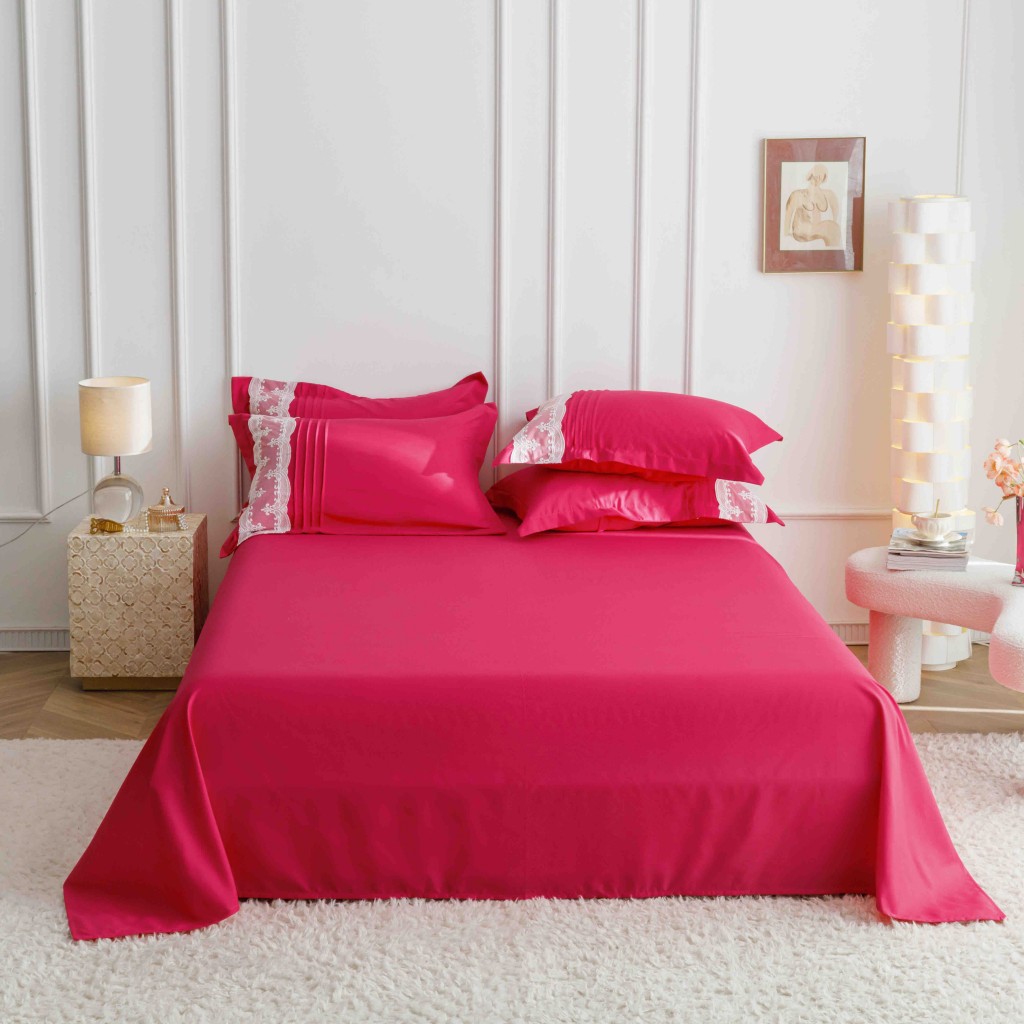 Lenjerie de pat, 2 persoane, finet, 6 piese, Elegant Deluxe Uni, cu broderie pliuri Inima, rosu aprins, 230x250cm, LF816