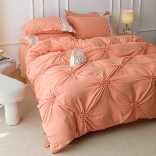 Lenjerie de pat, 2 persoane, finet, 6 piese, Elegant Deluxe Uni, cu broderie pliuri Inima, portocaliu, 230x250cm, LF817