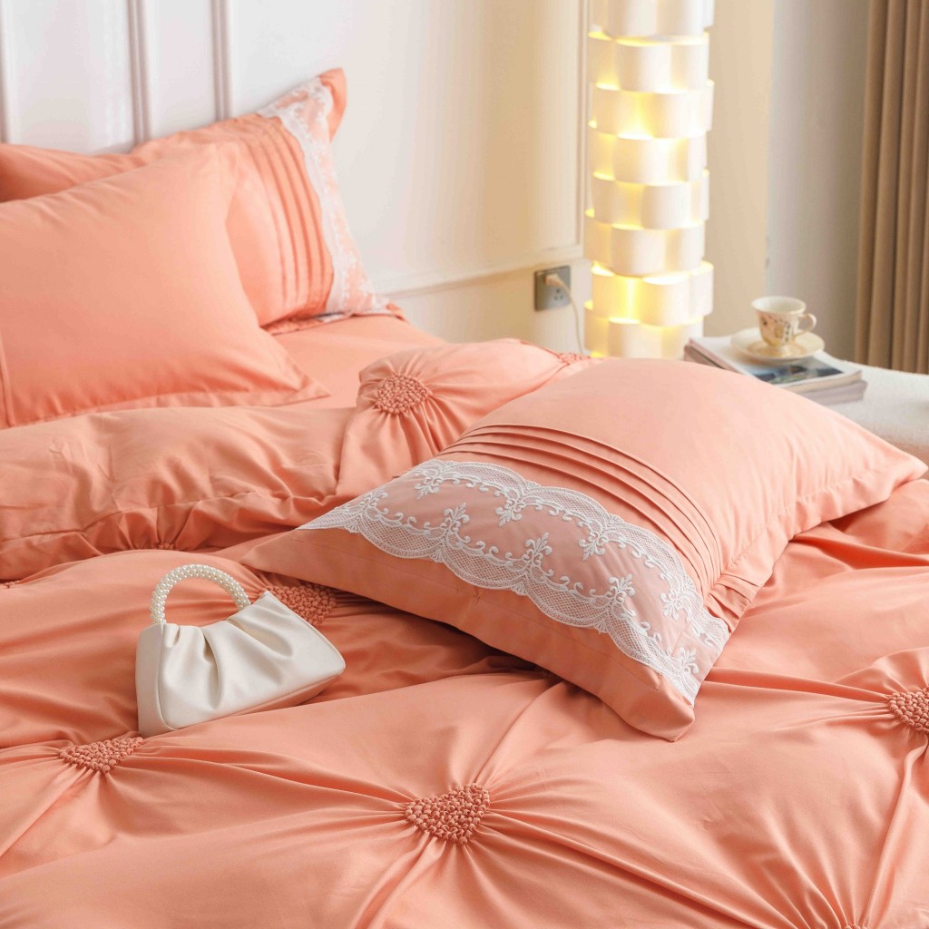 Lenjerie de pat, 2 persoane, finet, 6 piese, Elegant Deluxe Uni, cu broderie pliuri Inima, portocaliu, 230x250cm, LF817