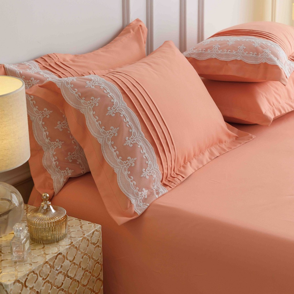 Lenjerie de pat, 2 persoane, finet, 6 piese, Elegant Deluxe Uni, cu broderie pliuri Inima, portocaliu, 230x250cm, LF817