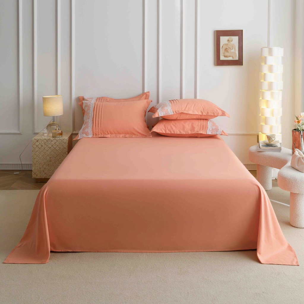 Lenjerie de pat, 2 persoane, finet, 6 piese, Elegant Deluxe Uni, cu broderie pliuri Inima, portocaliu, 230x250cm, LF817