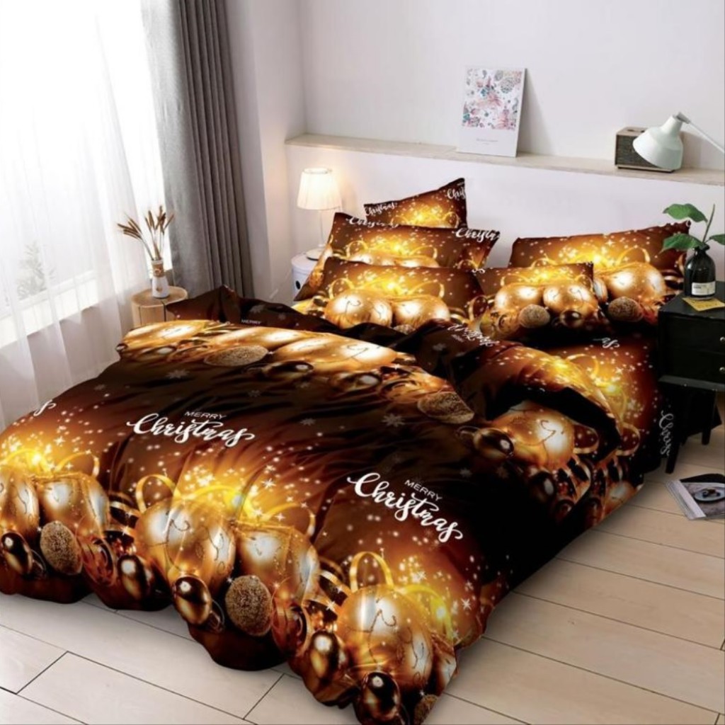 Lenjerie de pat, 2 persoane, finet, 6 piese, imprimeu motiv Crăciun, LF520