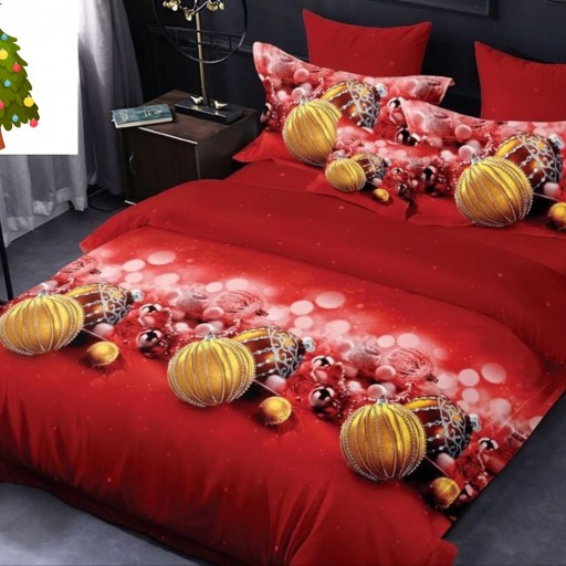 Lenjerie de pat, 2 persoane, finet, 6 piese, imprimeu motiv Crăciun, LF528