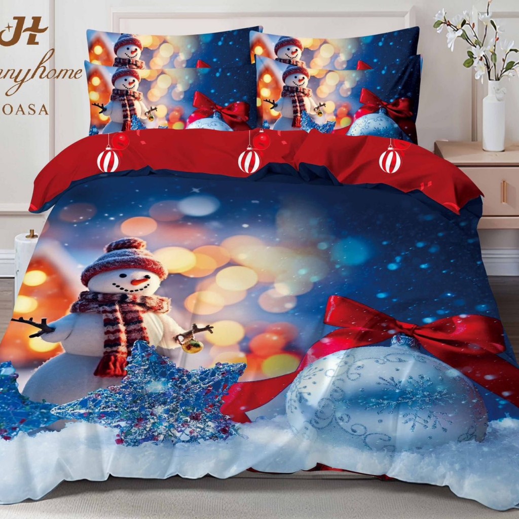 Lenjerie de pat, 2 persoane, finet, 6 piese, imprimeu identic 3D, motiv Crăciun, LF537