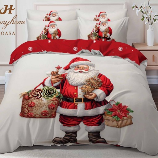 Lenjerie de pat, 2 persoane, finet, 6 piese, imprimeu identic 3D, motiv Crăciun, LF544