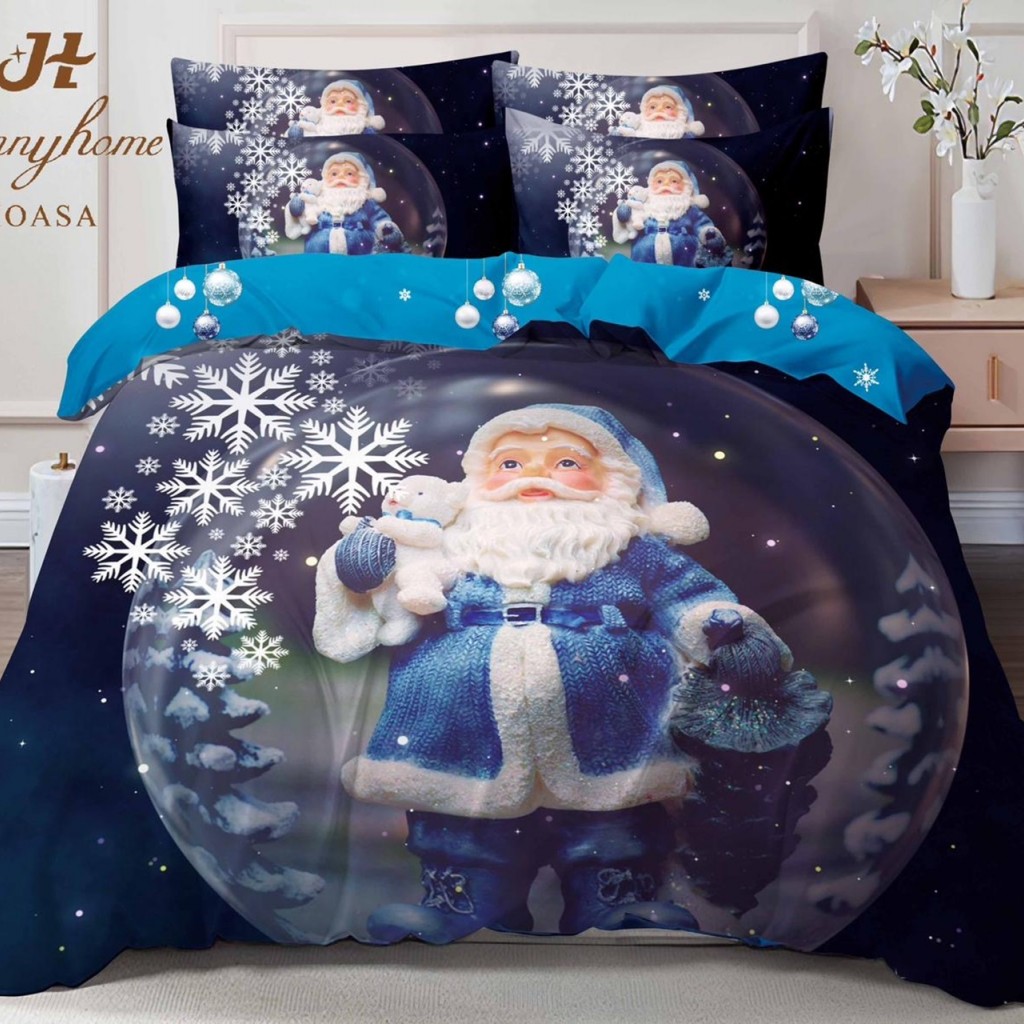 Lenjerie de pat, 2 persoane, finet, 6 piese, imprimeu identic 3D, motiv Crăciun, LF548