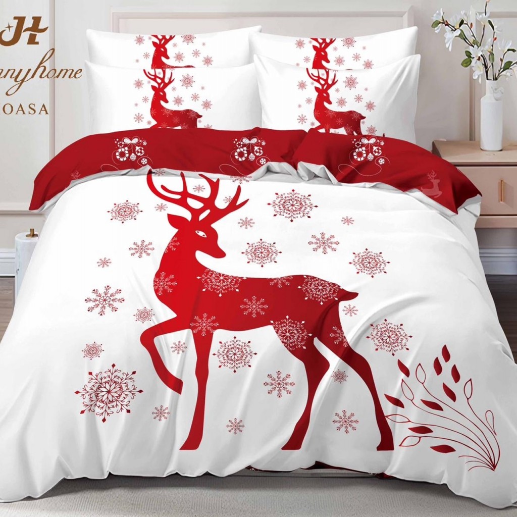 Lenjerie de pat, 2 persoane, finet, 6 piese, imprimeu identic 3D, motiv Crăciun, LF549