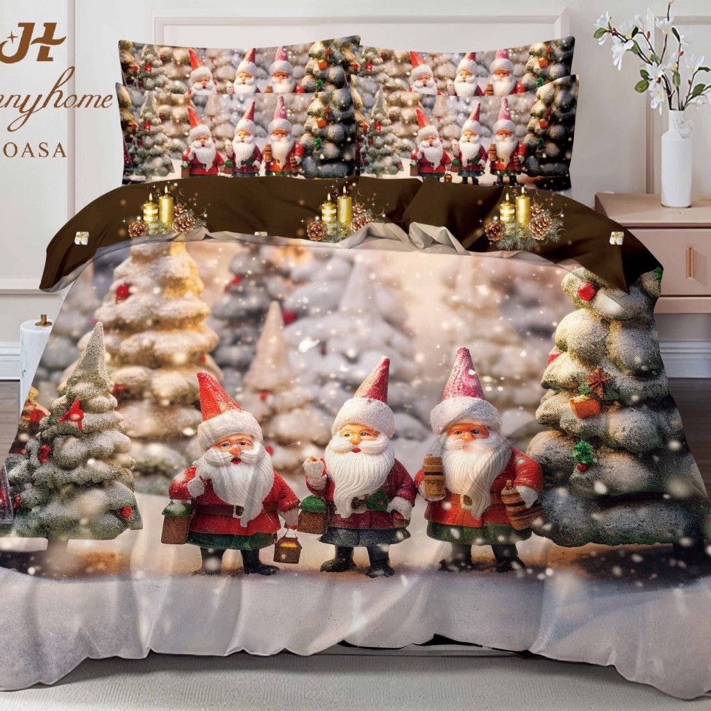 Lenjerie de pat, 2 persoane, finet, 6 piese, imprimeu identic 3D, motiv Crăciun, LF551