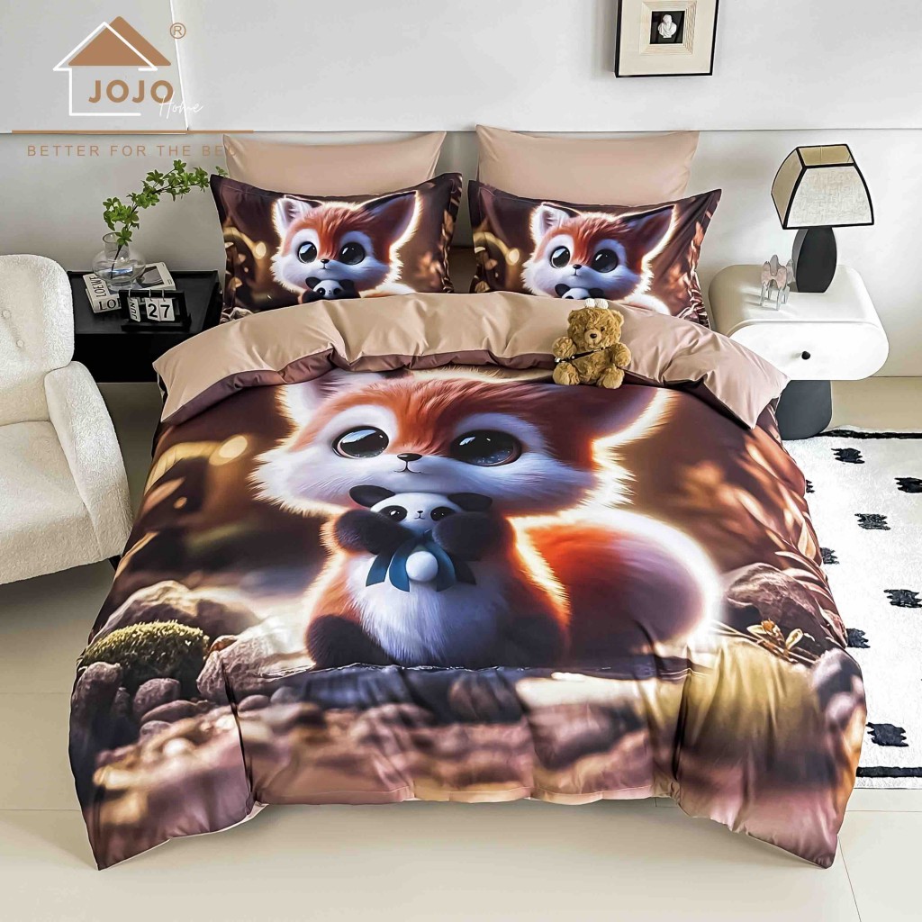 Lenjerie de pat, 2 persoane, cu elastic, finet, 6 piese, imprimeu 5D, cu vulpița, LELD6001