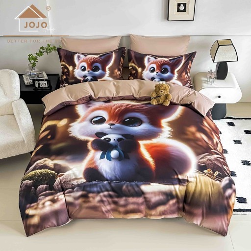 Lenjerie de pat, 2 persoane, cu elastic, finet, 6 piese, imprimeu 5D, cu vulpița, LELD6001