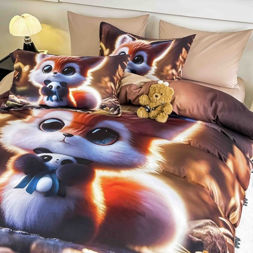 Lenjerie de pat, 2 persoane, cu elastic, finet, 6 piese, imprimeu 5D, cu vulpița, LELD6001