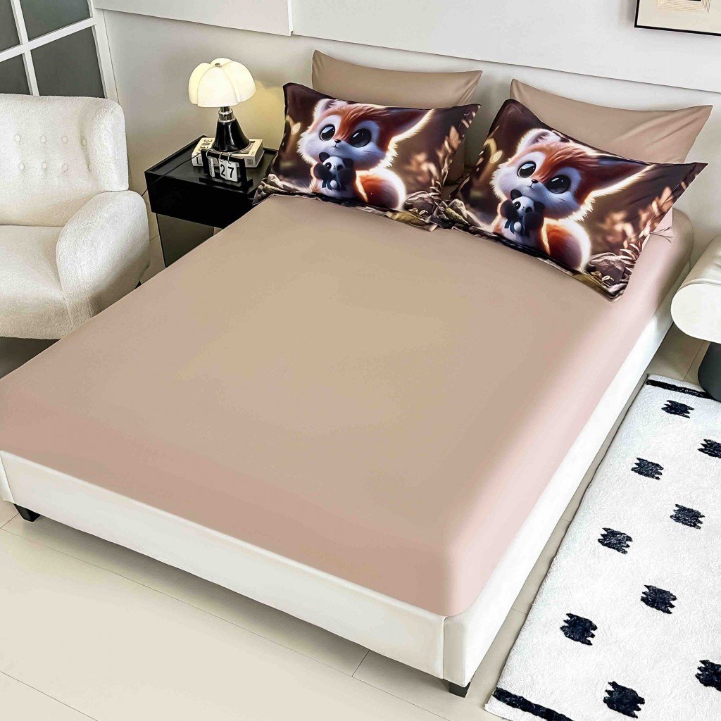 Lenjerie de pat, 2 persoane, cu elastic, finet, 6 piese, imprimeu 5D, cu vulpița, LELD6001