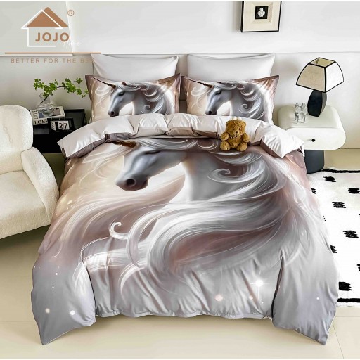Lenjerie de pat, 2 persoane, cu elastic, finet, 6 piese, imprimeu 5D, cu unicorn, LELD6002