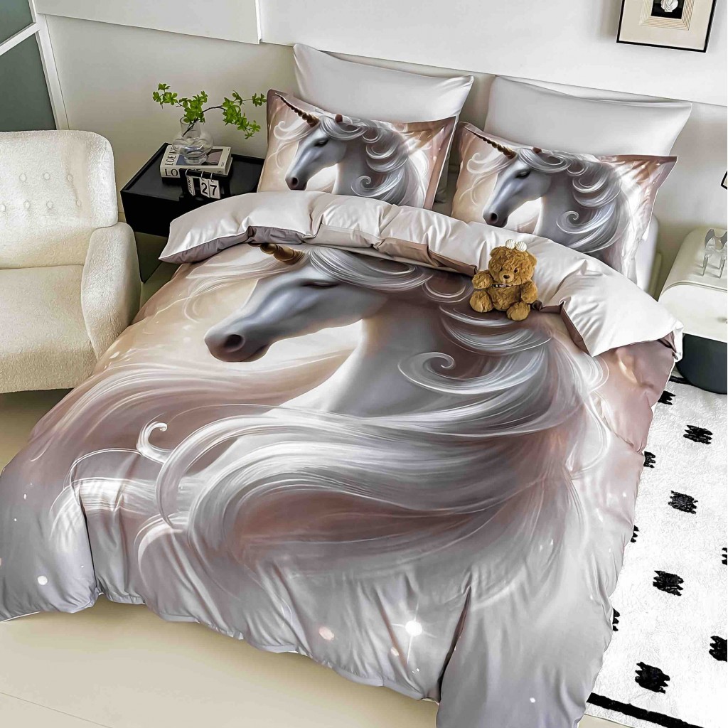 Lenjerie de pat, 2 persoane, cu elastic, finet, 6 piese, imprimeu 5D, cu unicorn, LELD6002