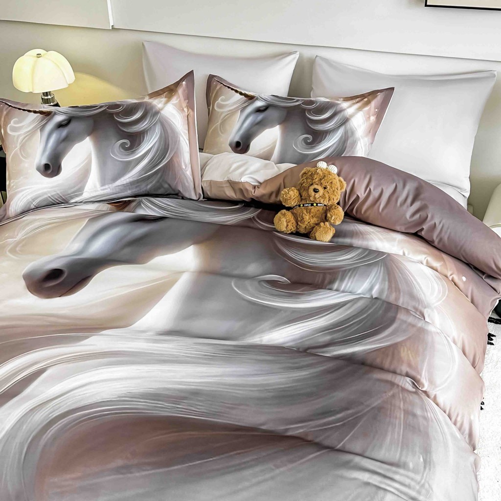 Lenjerie de pat, 2 persoane, cu elastic, finet, 6 piese, imprimeu 5D, cu unicorn, LELD6002