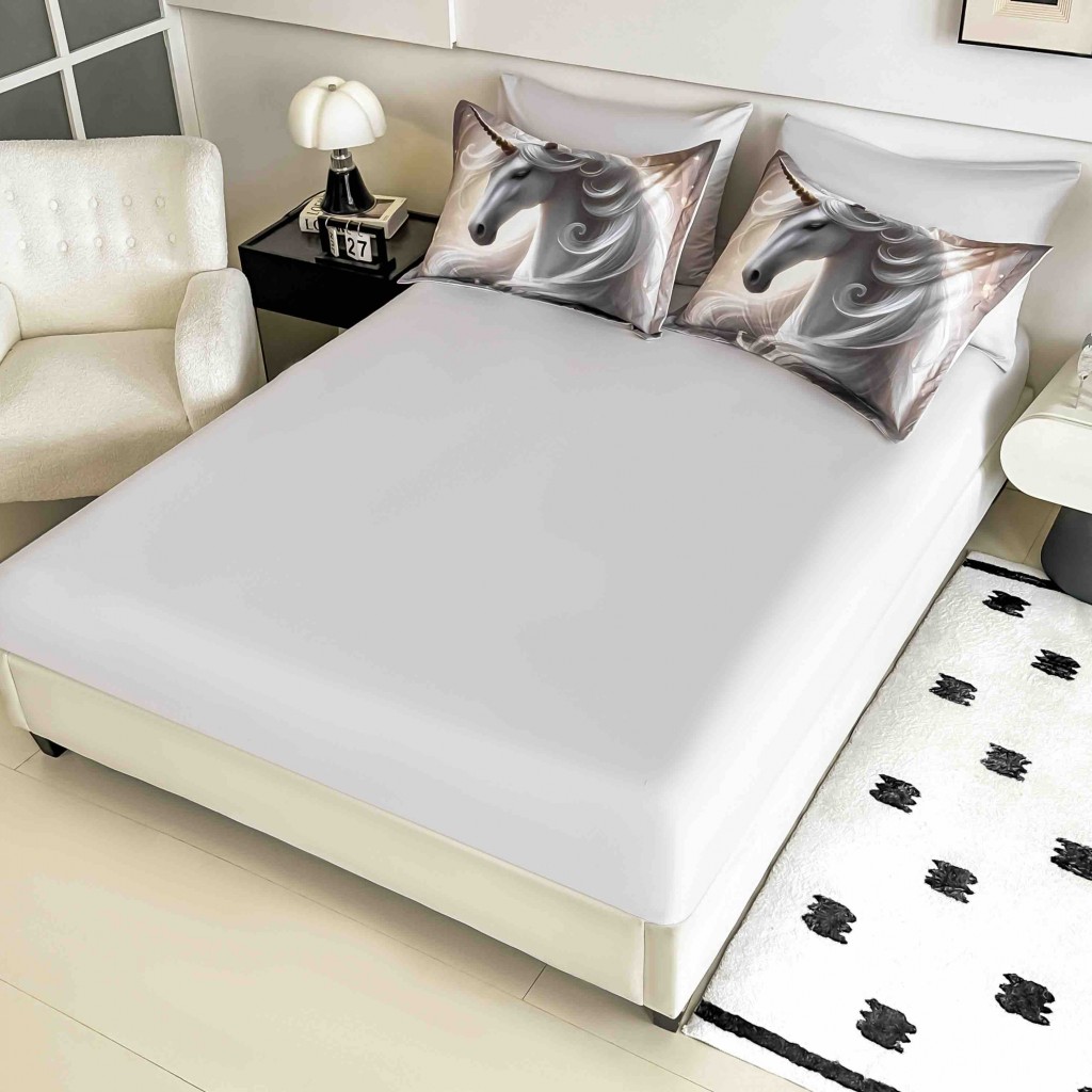 Lenjerie de pat, 2 persoane, cu elastic, finet, 6 piese, imprimeu 5D, cu unicorn, LELD6002