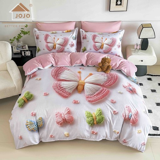 Lenjerie de pat, 2 persoane, cu elastic, finet, 6 piese, imprimeu 5D, roz, cu fluturași, LELD6003