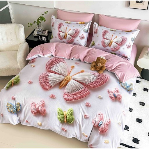 Lenjerie de pat, 2 persoane, cu elastic, finet, 6 piese, imprimeu 5D, roz, cu fluturași, LELD6003