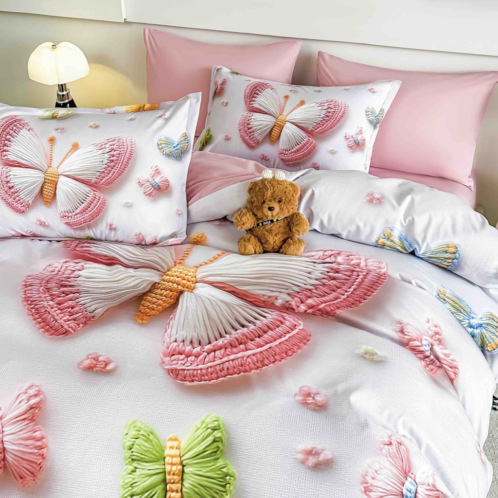 Lenjerie de pat, 2 persoane, cu elastic, finet, 6 piese, imprimeu 5D, roz, cu fluturași, LELD6003