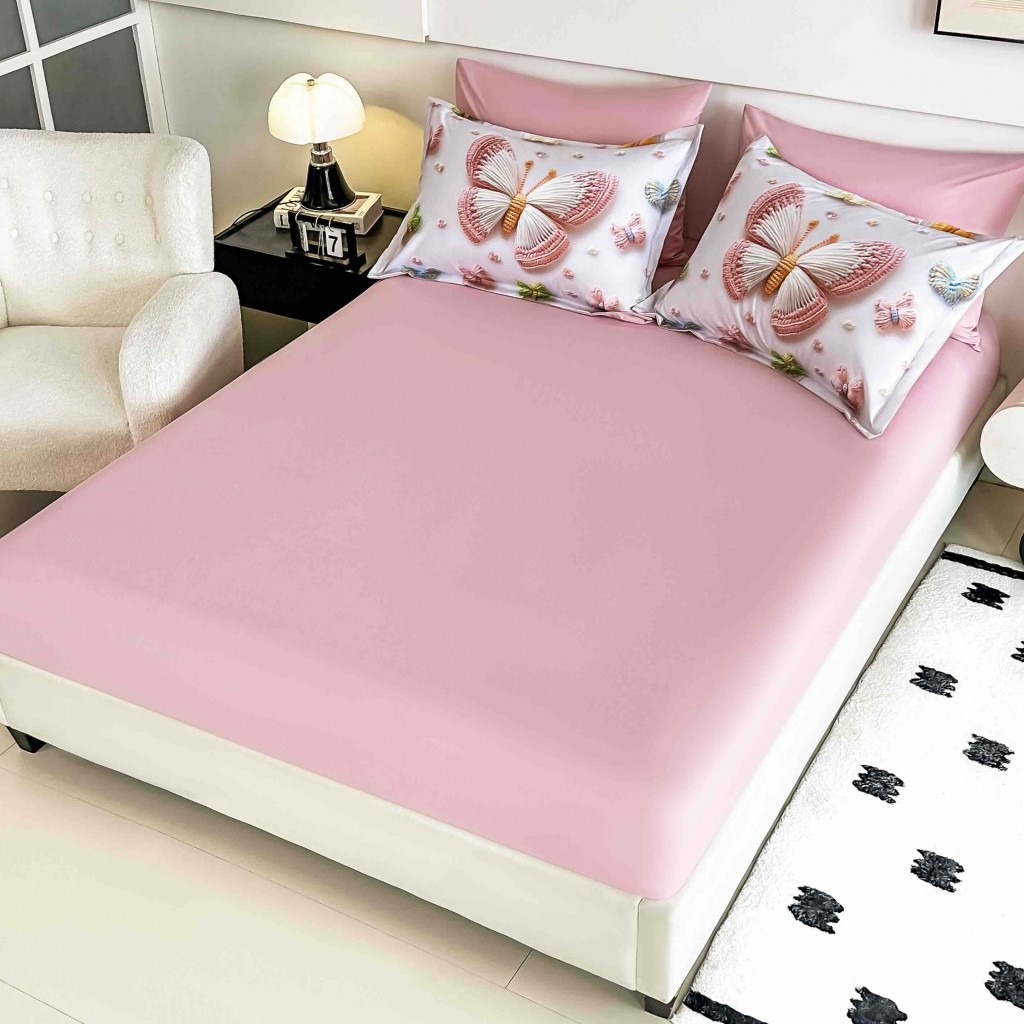 Lenjerie de pat, 2 persoane, cu elastic, finet, 6 piese, imprimeu 5D, roz, cu fluturași, LELD6003