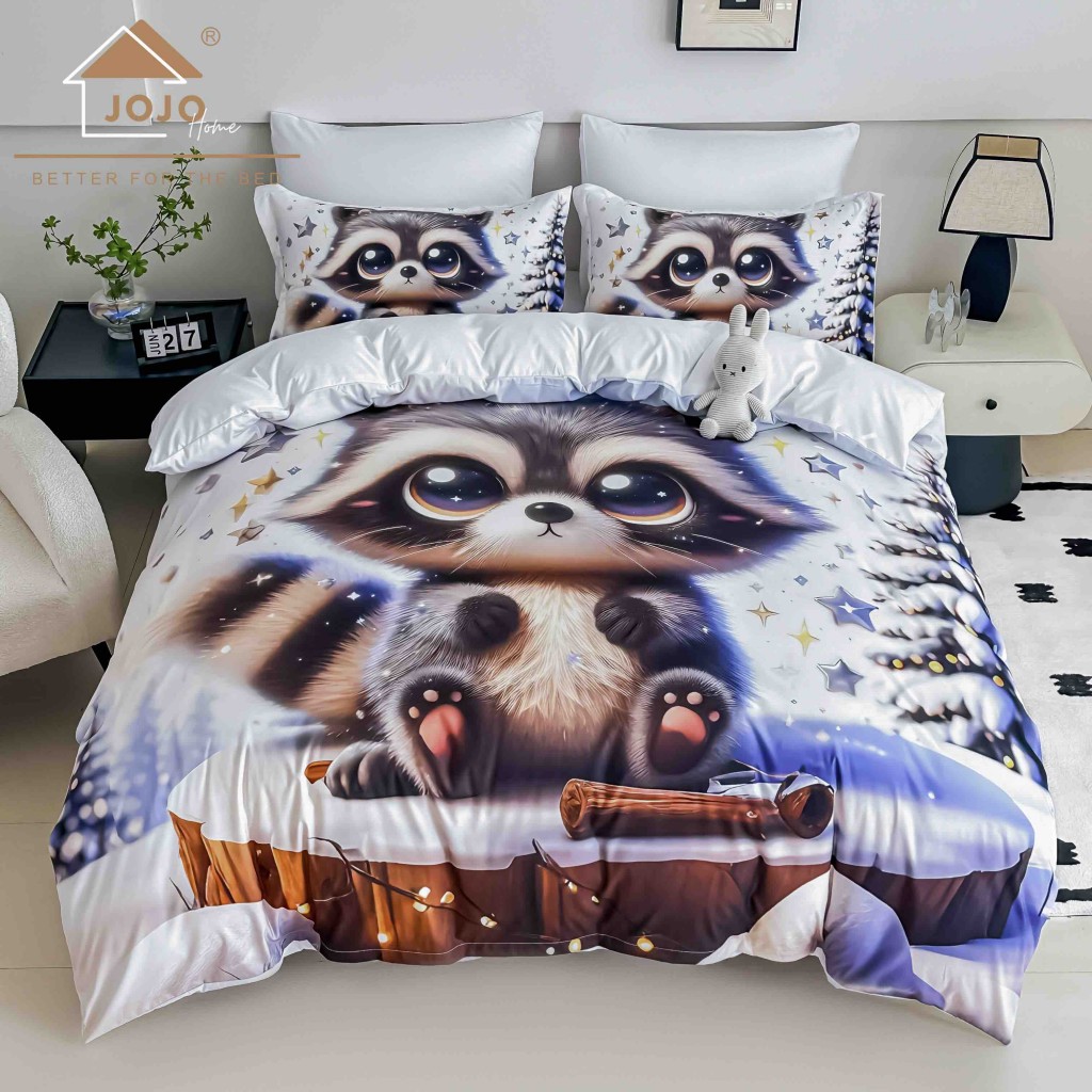 Lenjerie de pat, 2 persoane, cu elastic, finet, 6 piese, imprimeu 5D, alb și albastru, cu raton, LELD6004