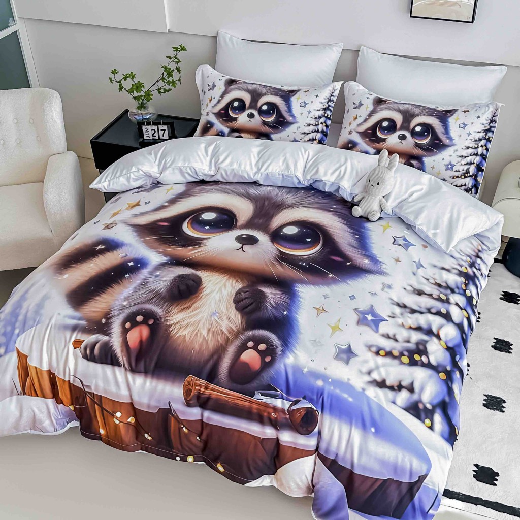 Lenjerie de pat, 2 persoane, cu elastic, finet, 6 piese, imprimeu 5D, alb și albastru, cu raton, LELD6004