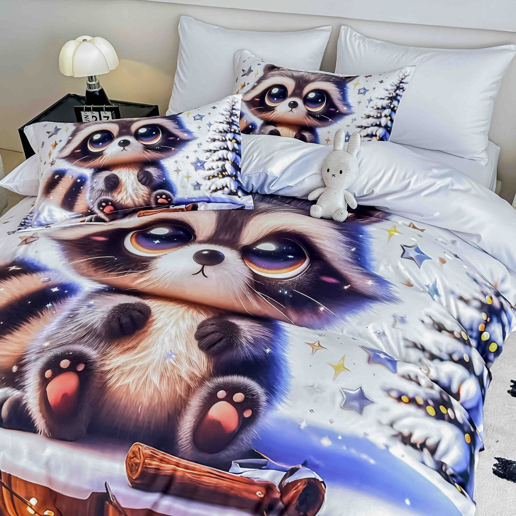 Lenjerie de pat, 2 persoane, cu elastic, finet, 6 piese, imprimeu 5D, alb și albastru, cu raton, LELD6004