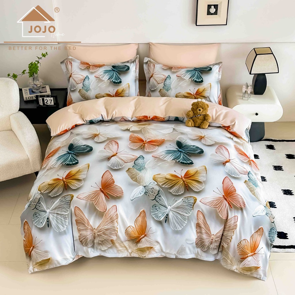 Lenjerie de pat, 2 persoane, cu elastic, finet, 6 piese, imprimeu 5D, alb și crem, cu fluturași, LELD6005