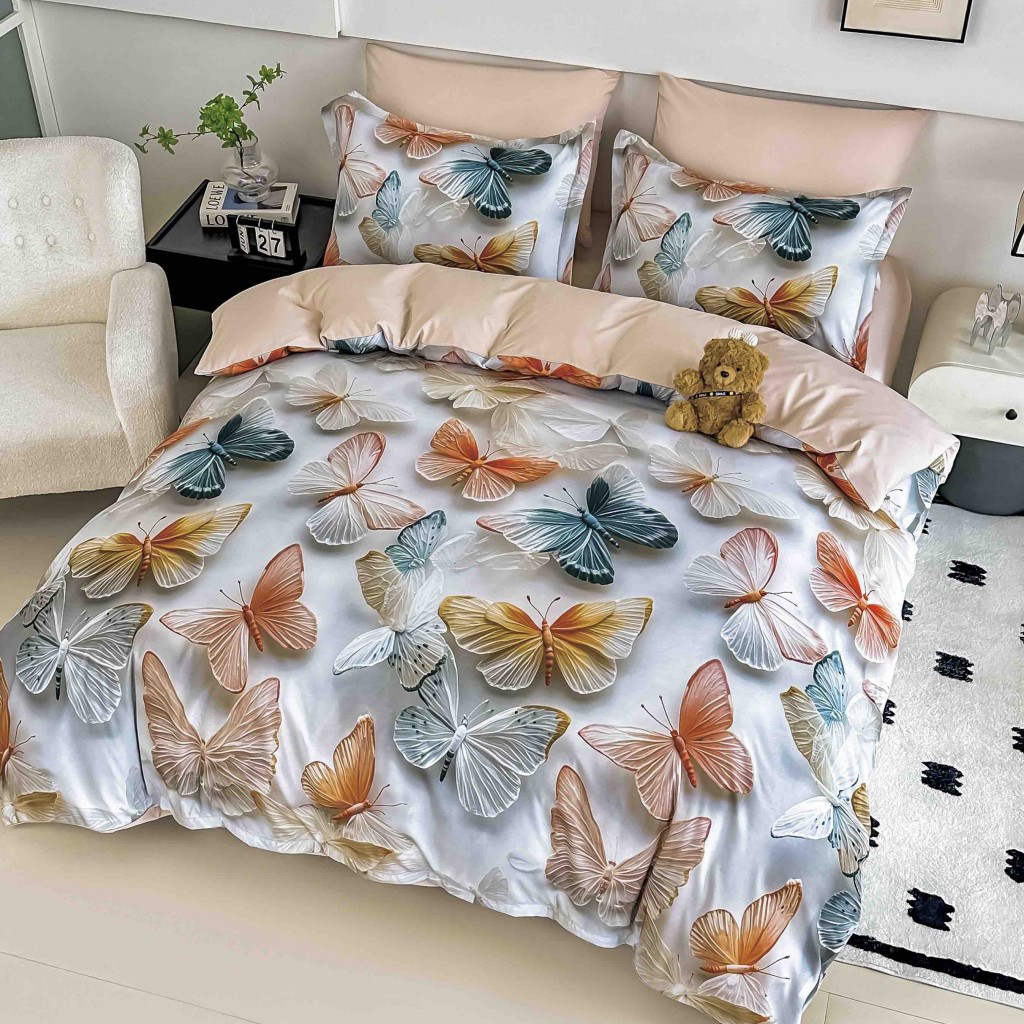 Lenjerie de pat, 2 persoane, cu elastic, finet, 6 piese, imprimeu 5D, alb și crem, cu fluturași, LELD6005