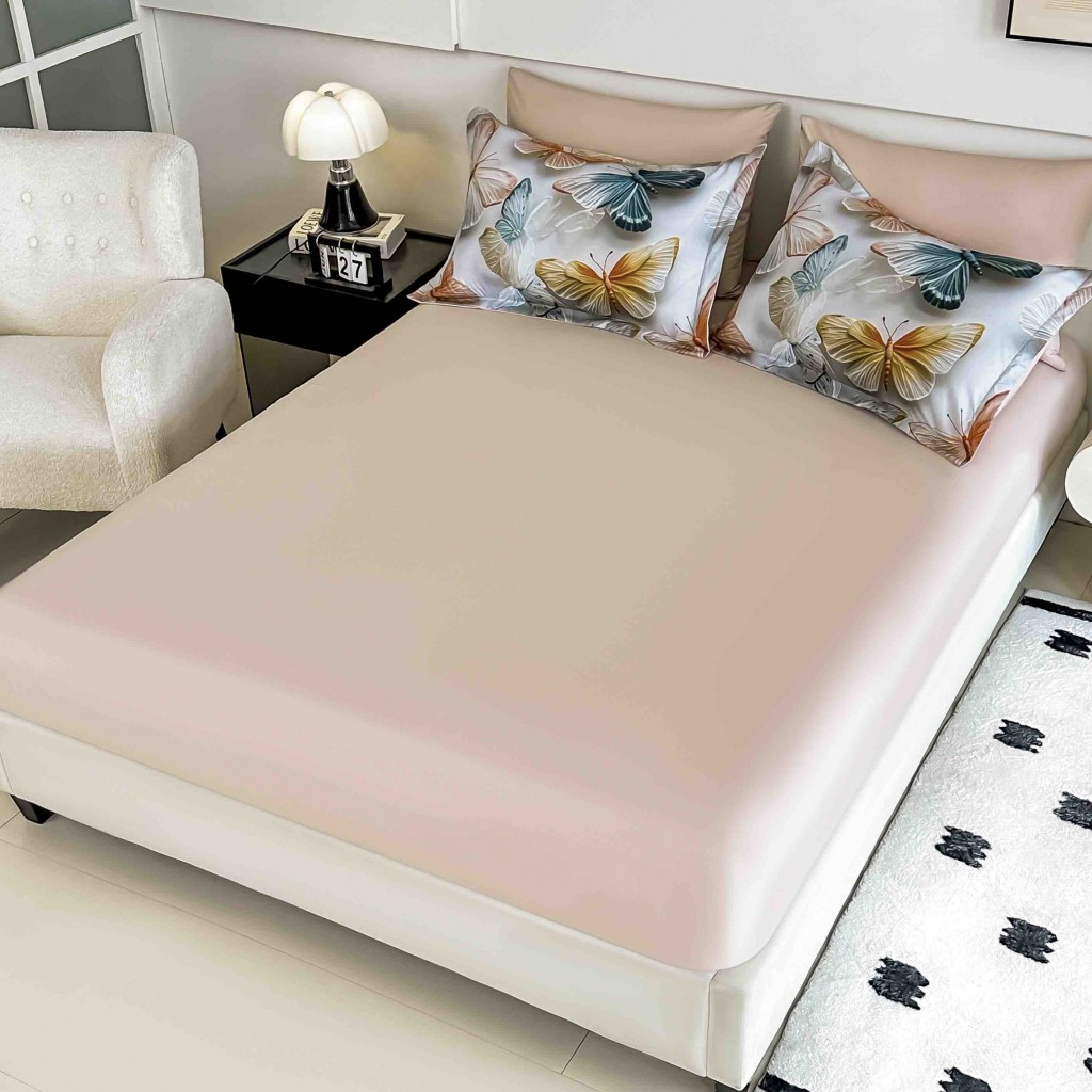 Lenjerie de pat, 2 persoane, cu elastic, finet, 6 piese, imprimeu 5D, alb și crem, cu fluturași, LELD6005