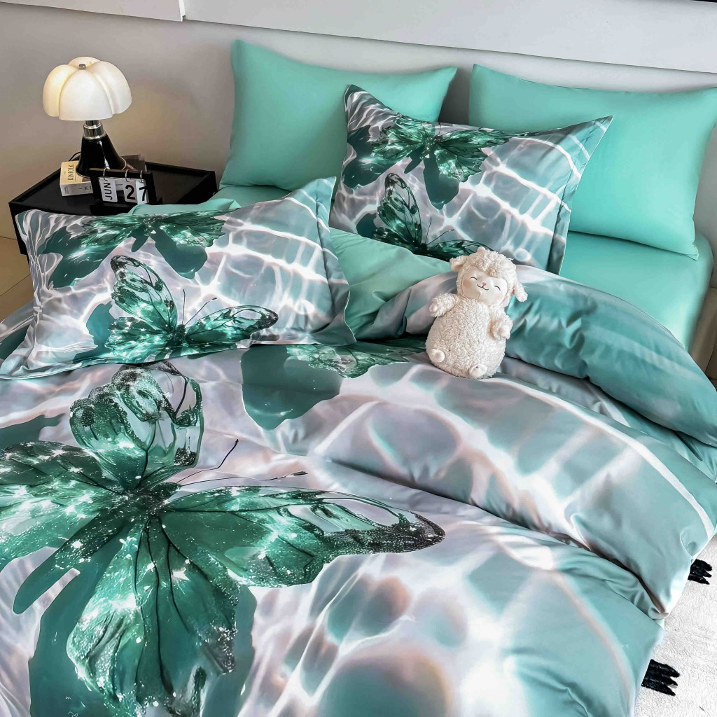 Lenjerie de pat, 2 persoane, cu elastic, finet, 6 piese, imprimeu 5D, verde și alb, cu fluturași, LELD6006