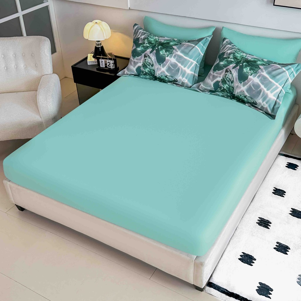 Lenjerie de pat, 2 persoane, cu elastic, finet, 6 piese, imprimeu 5D, verde și alb, cu fluturași, LELD6006