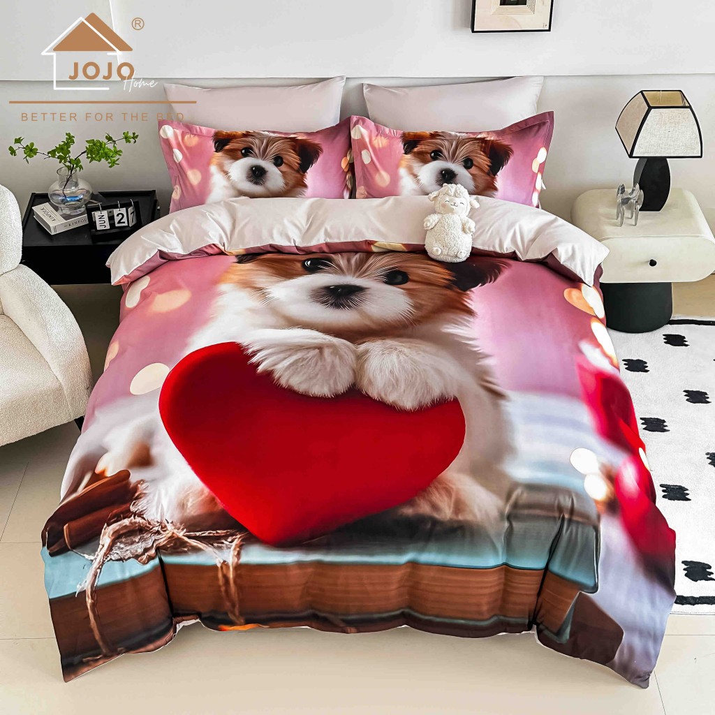 Lenjerie de pat, 2 persoane, cu elastic, finet, 6 piese, imprimeu 5D, roz roșu, cățeluși, LELD6007