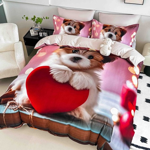 Lenjerie de pat, 2 persoane, cu elastic, finet, 6 piese, imprimeu 5D, roz roșu, cățeluș, LELD6007