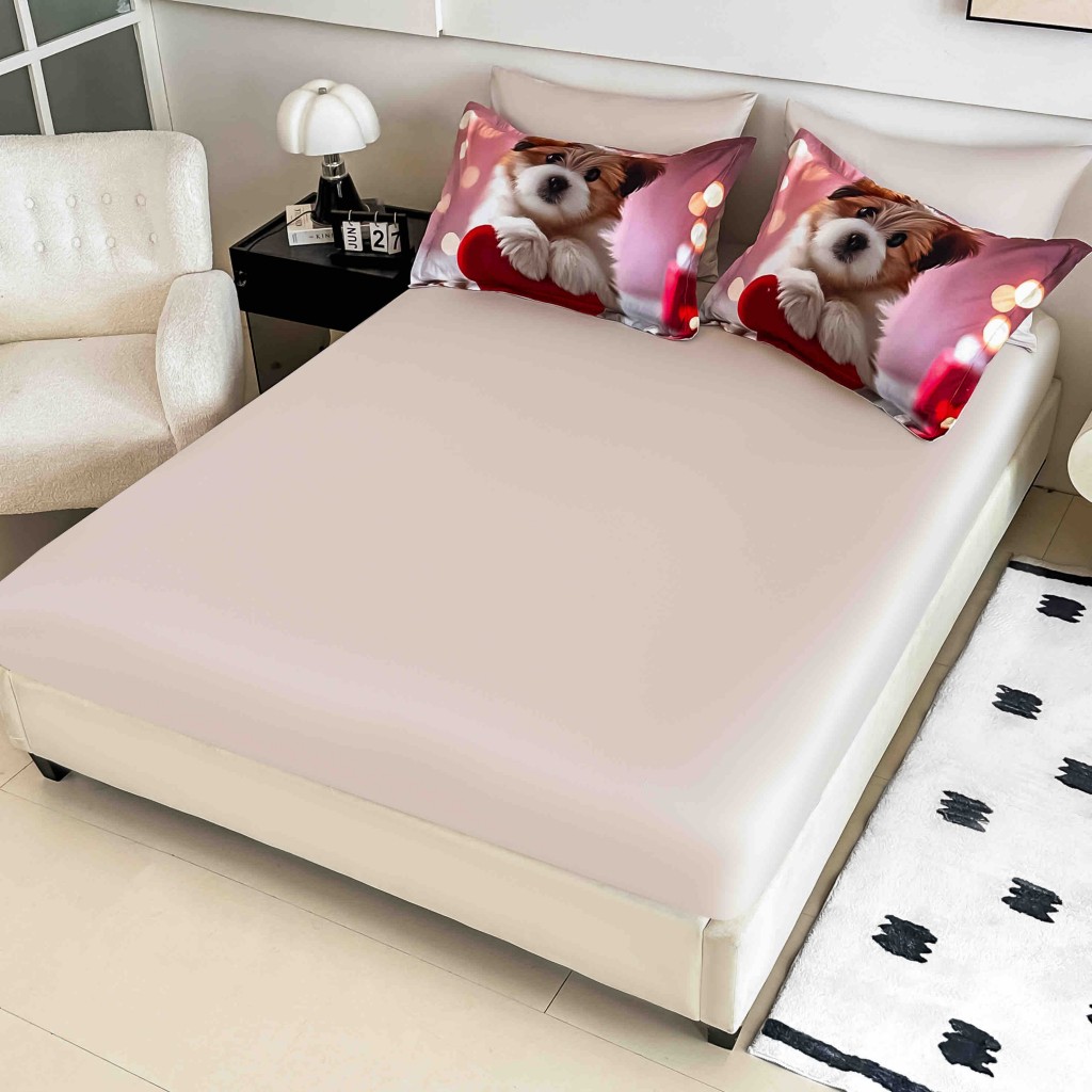 Lenjerie de pat, 2 persoane, cu elastic, finet, 6 piese, imprimeu 5D, roz roșu, cățeluși, LELD6007