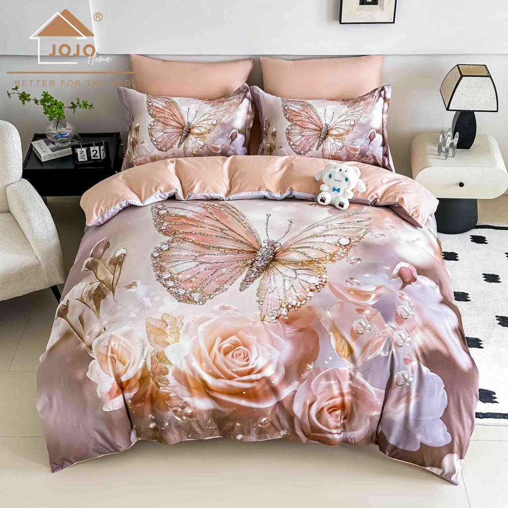 Lenjerie de pat, 2 persoane, cu elastic, finet, 6 piese, imprimeu 5D, crem, cu fluturi și trandafiri, LELD6008