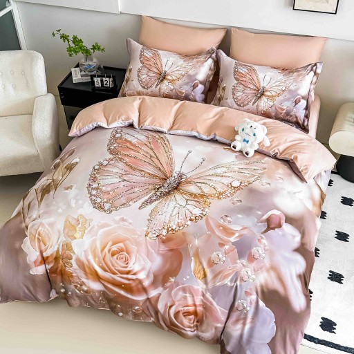 Lenjerie de pat, 2 persoane, cu elastic, finet, 6 piese, imprimeu 5D, crem, cu fluturi și trandafiri, LELD6008