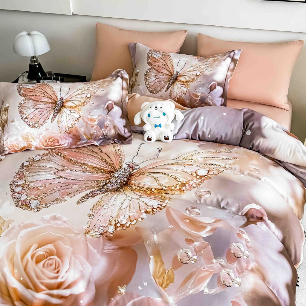 Lenjerie de pat, 2 persoane, cu elastic, finet, 6 piese, imprimeu 5D, crem, cu fluturi și trandafiri, LELD6008