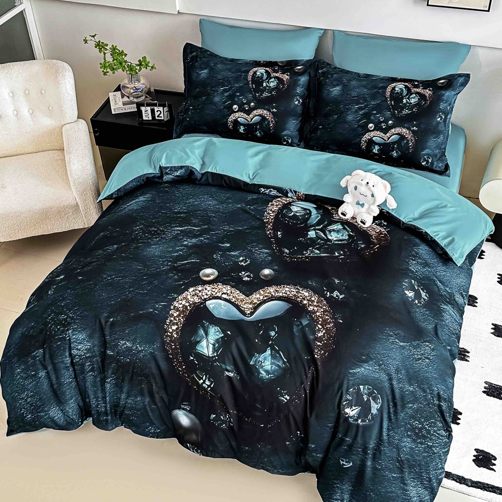 Lenjerie de pat, 2 persoane, cu elastic, finet, 6 piese, imprimeu 5D, albastru închis, cu inimi, LELD6009