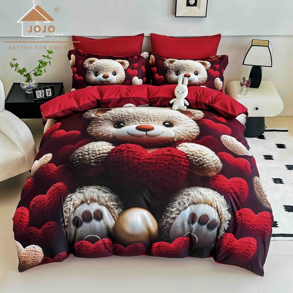 Lenjerie de pat, 2 persoane, cu elastic, finet, 6 piese, imprimeu 5D, crem și roșu închis, cu ursuleți și inimioare, LELD6010