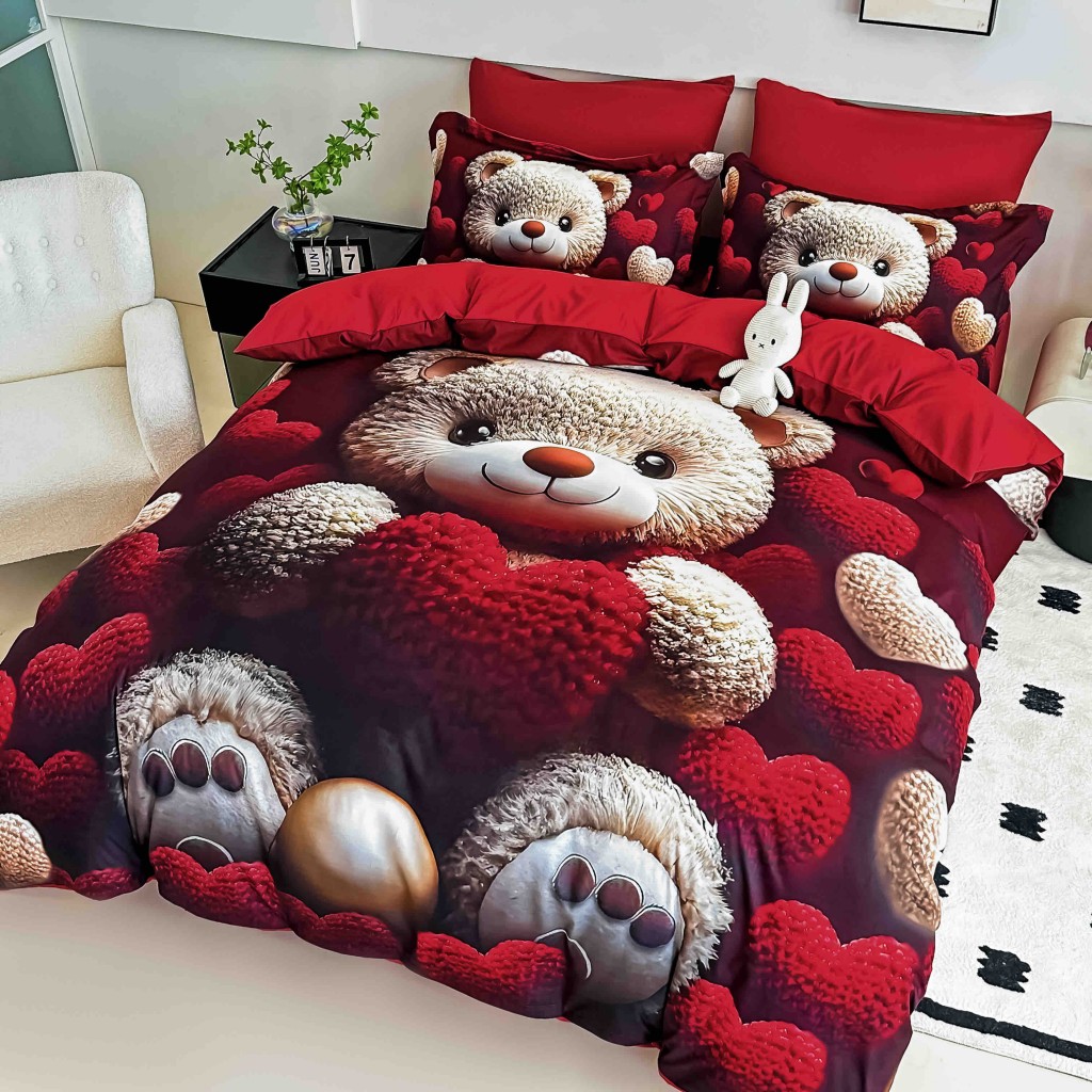 Lenjerie de pat, 2 persoane, cu elastic, finet, 6 piese, imprimeu 5D, crem și roșu închis, cu ursuleți și inimioare, LELD6010