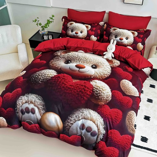 Lenjerie de pat, 2 persoane, cu elastic, finet, 6 piese, imprimeu 5D, crem și roșu închis, cu ursuleți și inimioare, LELD6010