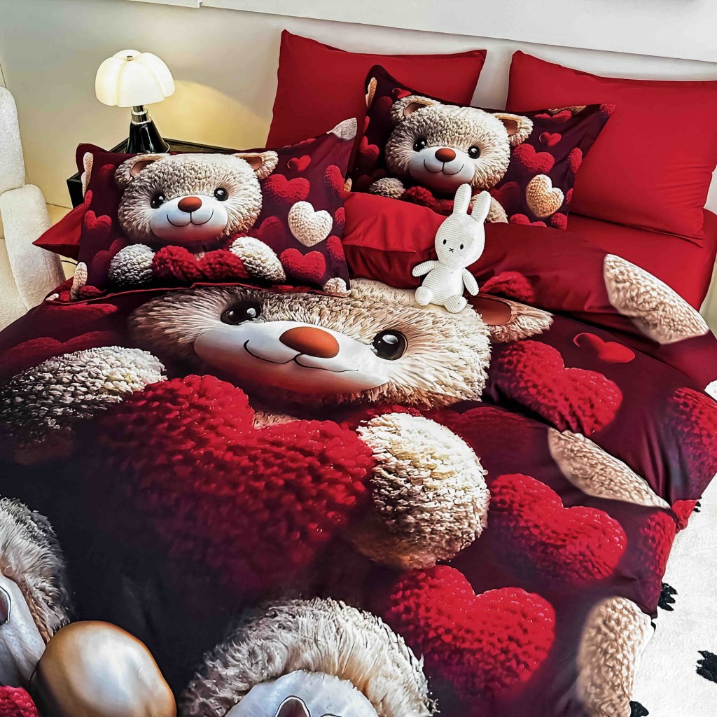 Lenjerie de pat, 2 persoane, cu elastic, finet, 6 piese, imprimeu 5D, crem și roșu închis, cu ursuleți și inimioare, LELD6010