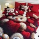 Lenjerie de pat, 2 persoane, cu elastic, finet, 6 piese, imprimeu 5D, crem și roșu închis, cu ursuleți și inimioare, LELD6010