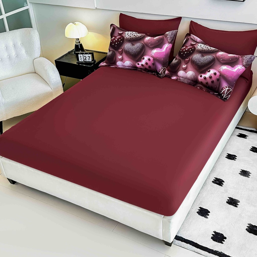 Lenjerie de pat, 2 persoane, cu elastic, finet, 6 piese, imprimeu 5D, crem și roșu închis, cu ursuleți și inimioare, LELD6010