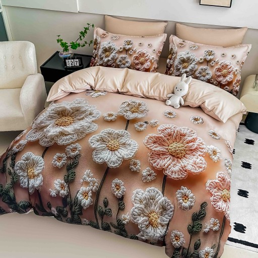 Lenjerie de pat, 2 persoane, cu elastic, finet, 6 piese, imprimeu 5D, crem, cu flori, LELD6011