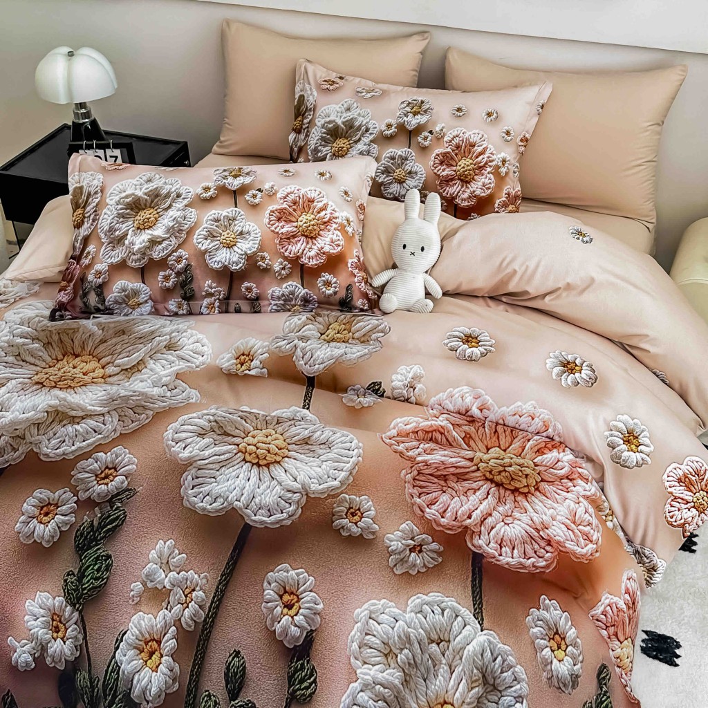 Lenjerie de pat, 2 persoane, cu elastic, finet, 6 piese, imprimeu 5D, crem, cu flori, LELD6011